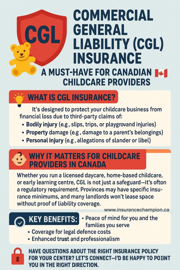 š§ø Commercial General Liability (CGL) Insurance: A Must-Have for Canadian Childcare Providers. š§ø Commercial General Liability (CGL) Insurance: A Must-Have for Canadian Childcare Providers.