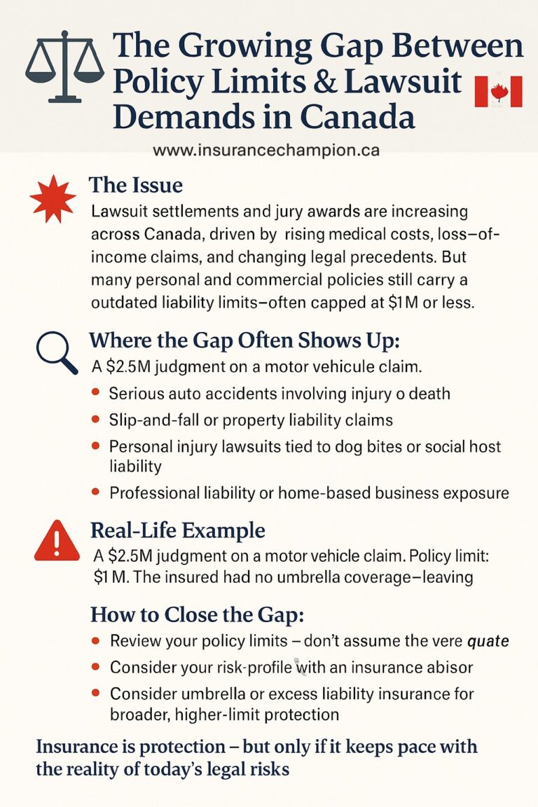 Concerned Canadian homeowner reviewing insurance documents, highlighting the gap between policy limits and rising legal claim amounts.