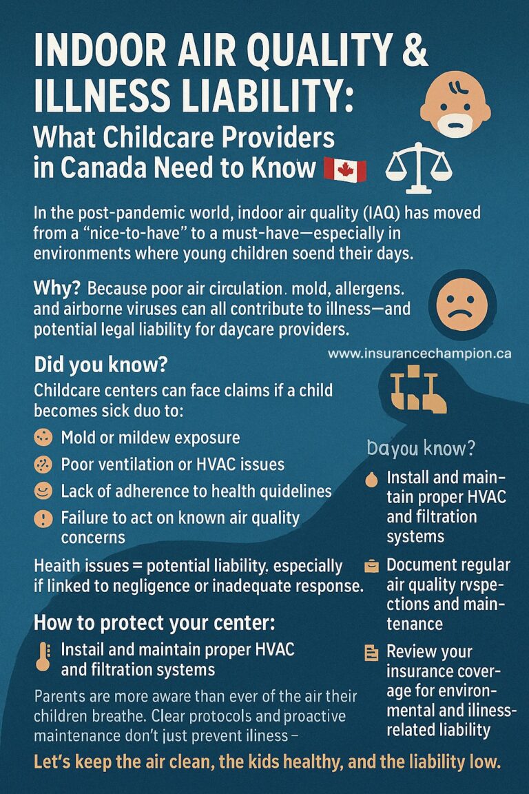 Illustration of a childcare provider in a well-ventilated daycare setting with clean air indicators, children playing, and HVAC system visible.
