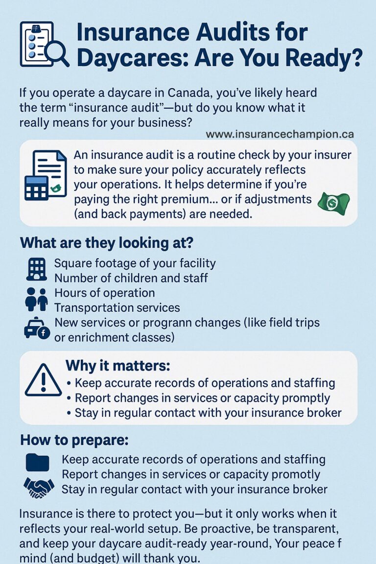 Childcare provider reviewing documents with insurance auditor in a daycare setting, surrounded by toys and children’s artwork.