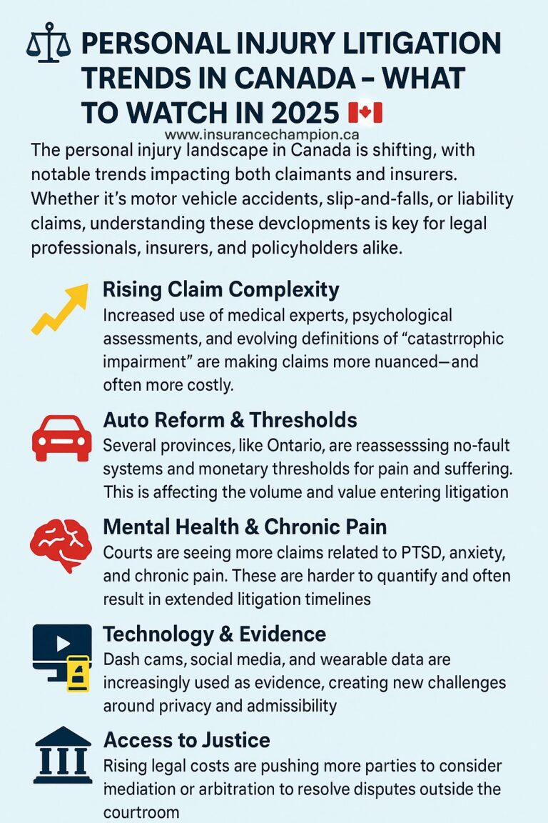 Infographic showing key personal injury litigation trends in Canada for 2025, including mental health claims, auto reform, and use of digital evidence.